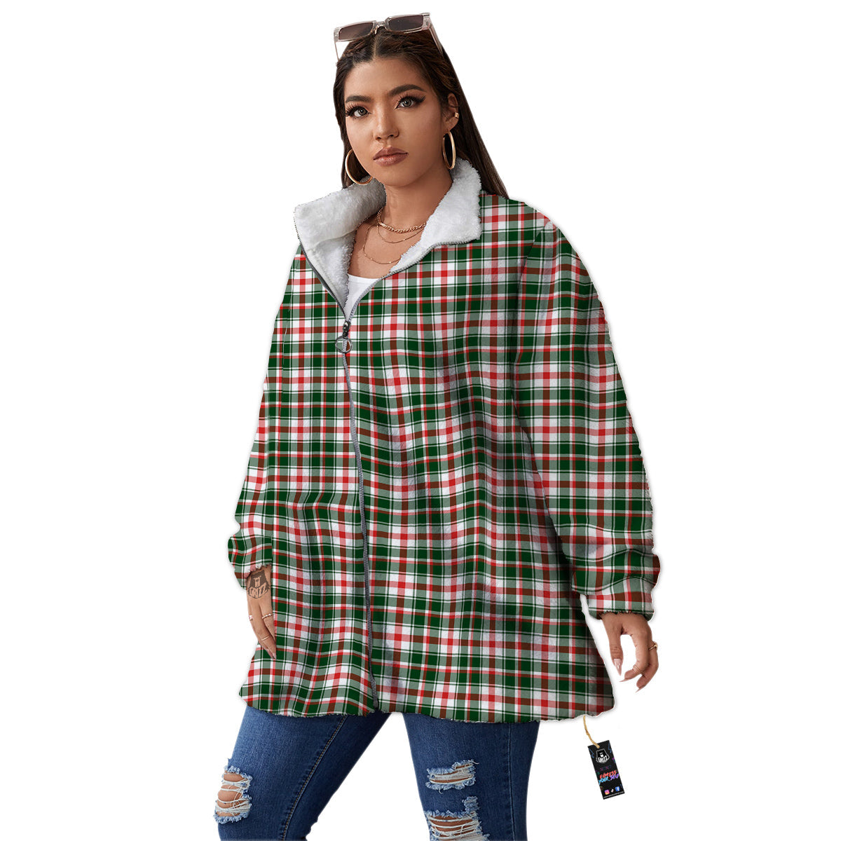 Madras Plaid Christmas Print Women's Sherpa Jacket-grizzshop