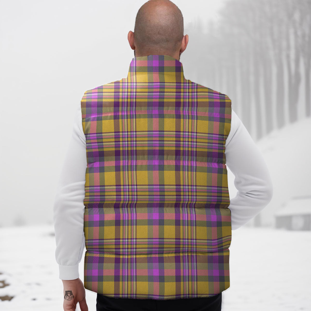Madras Plaid Orange And Purple Print Pattern Down Vest