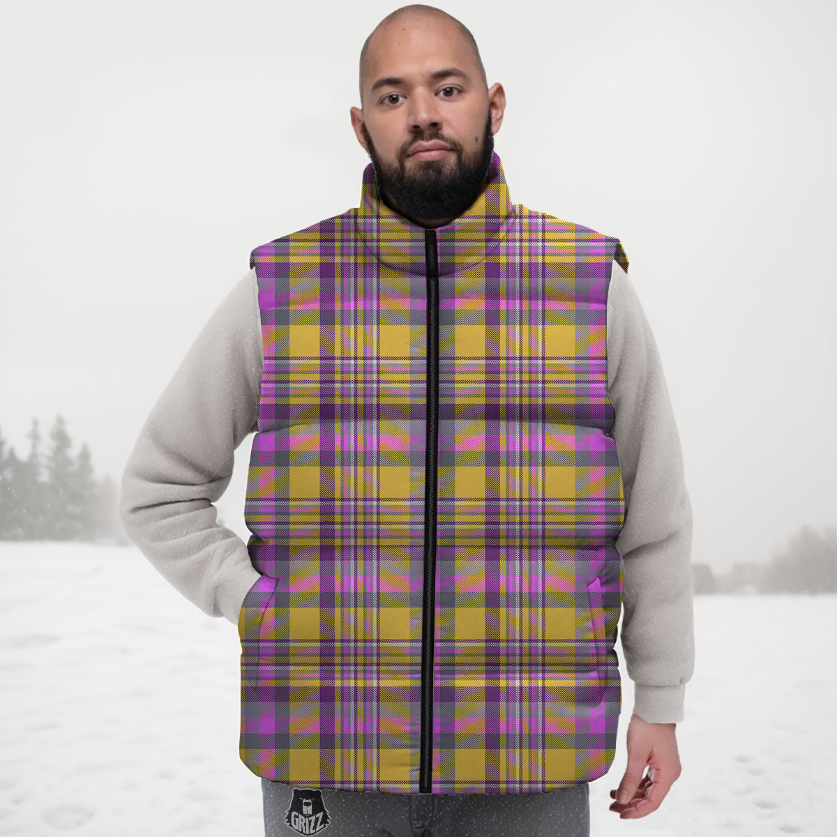 Madras Plaid Orange And Purple Print Pattern Down Vest