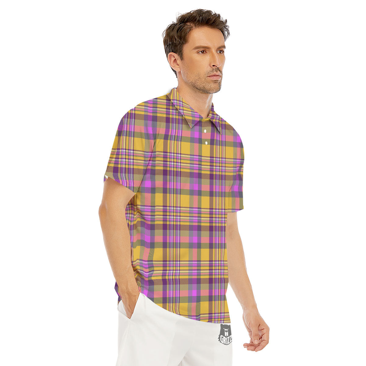 Madras Plaid Orange And Purple Print Pattern Men's Golf Shirts-grizzshop