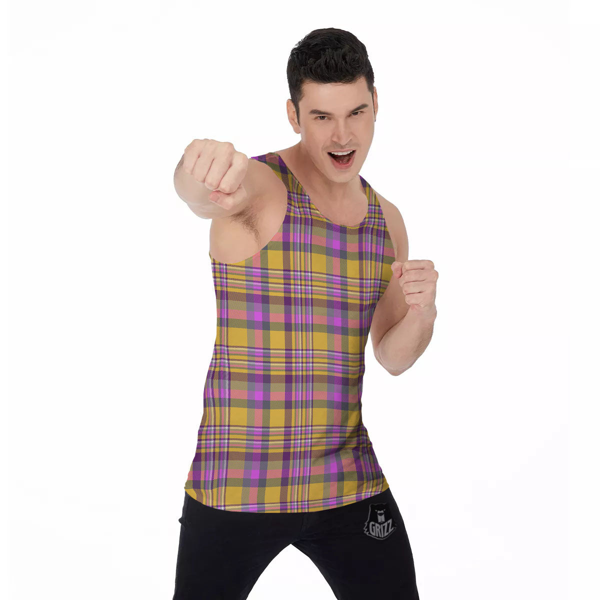 Madras Plaid Orange And Purple Print Pattern Men's Tank Top-grizzshop