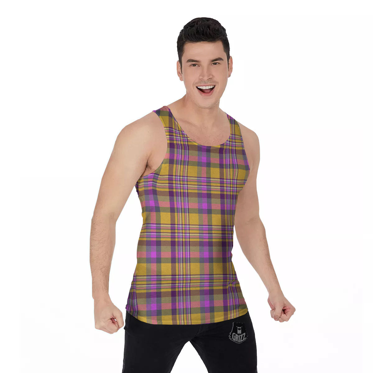 Madras Plaid Orange And Purple Print Pattern Men's Tank Top-grizzshop
