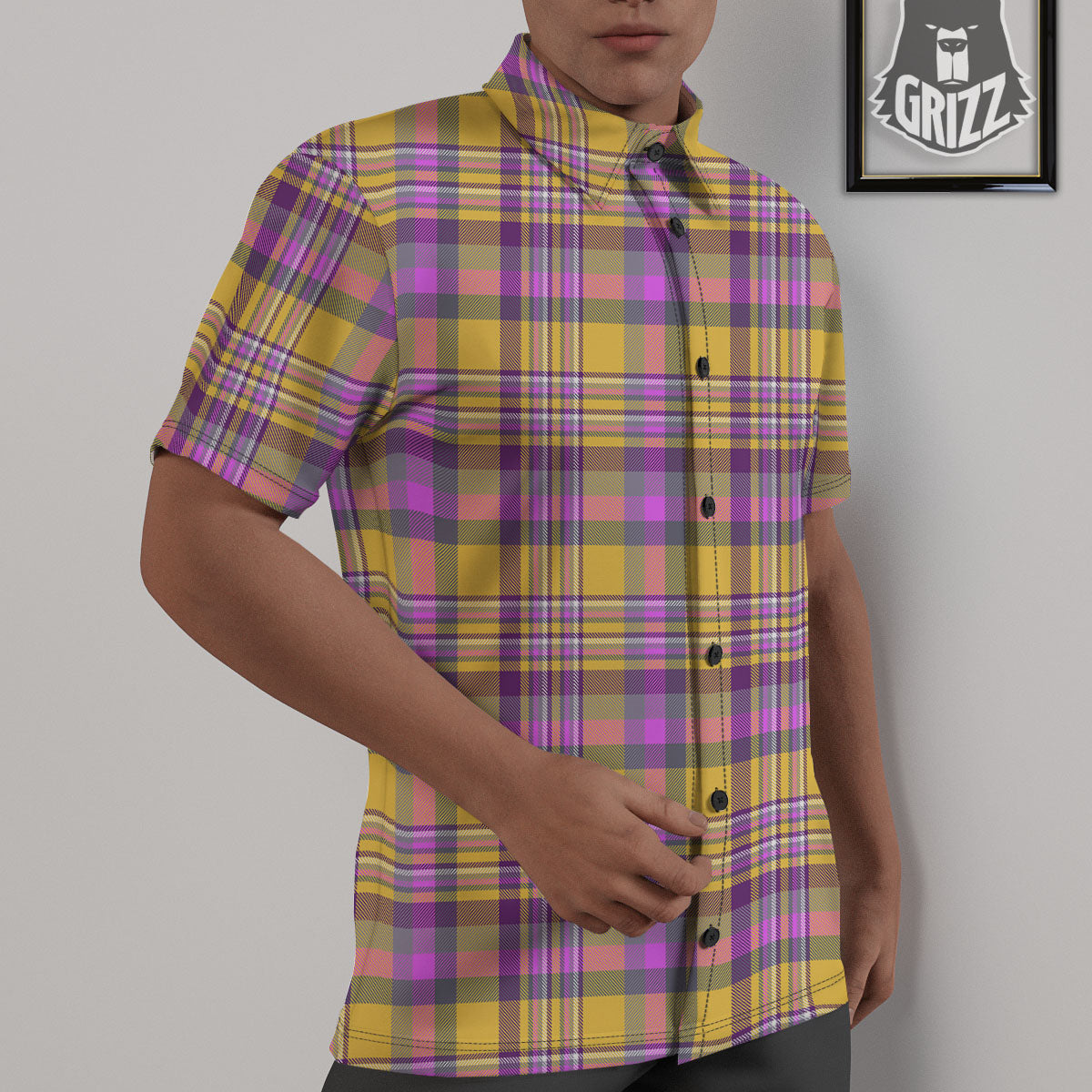 Madras Plaid Orange And Purple Print Pattern Untucked Shirts-grizzshop
