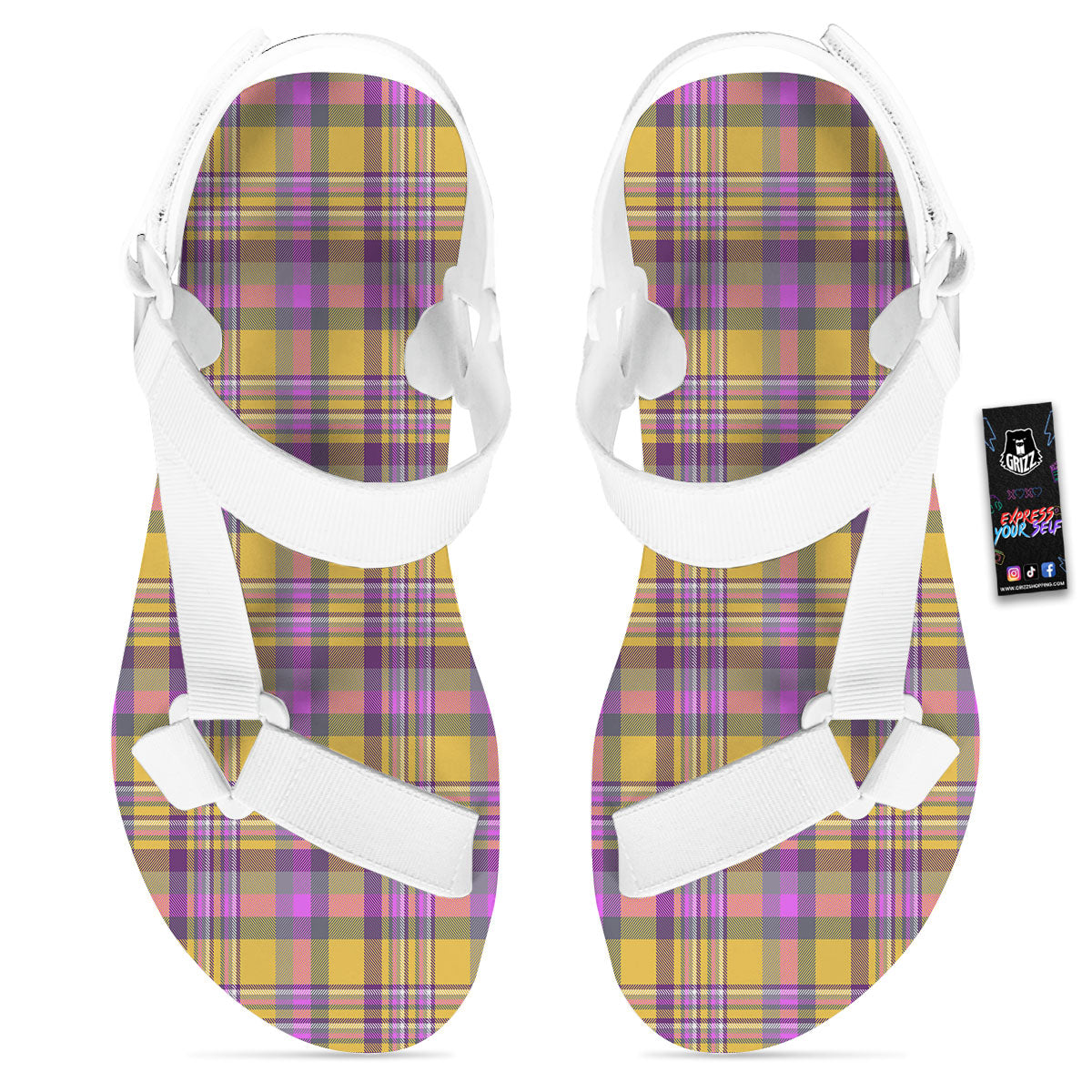 Madras Plaid Orange And Purple Print Pattern White Open Toe Sandals-grizzshop