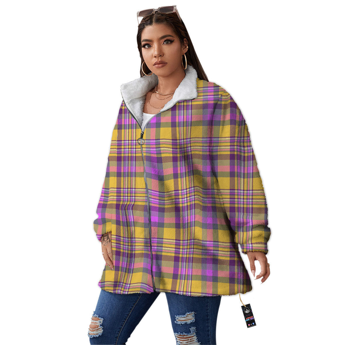Madras Plaid Orange And Purple Print Pattern Women's Sherpa Jacket-grizzshop