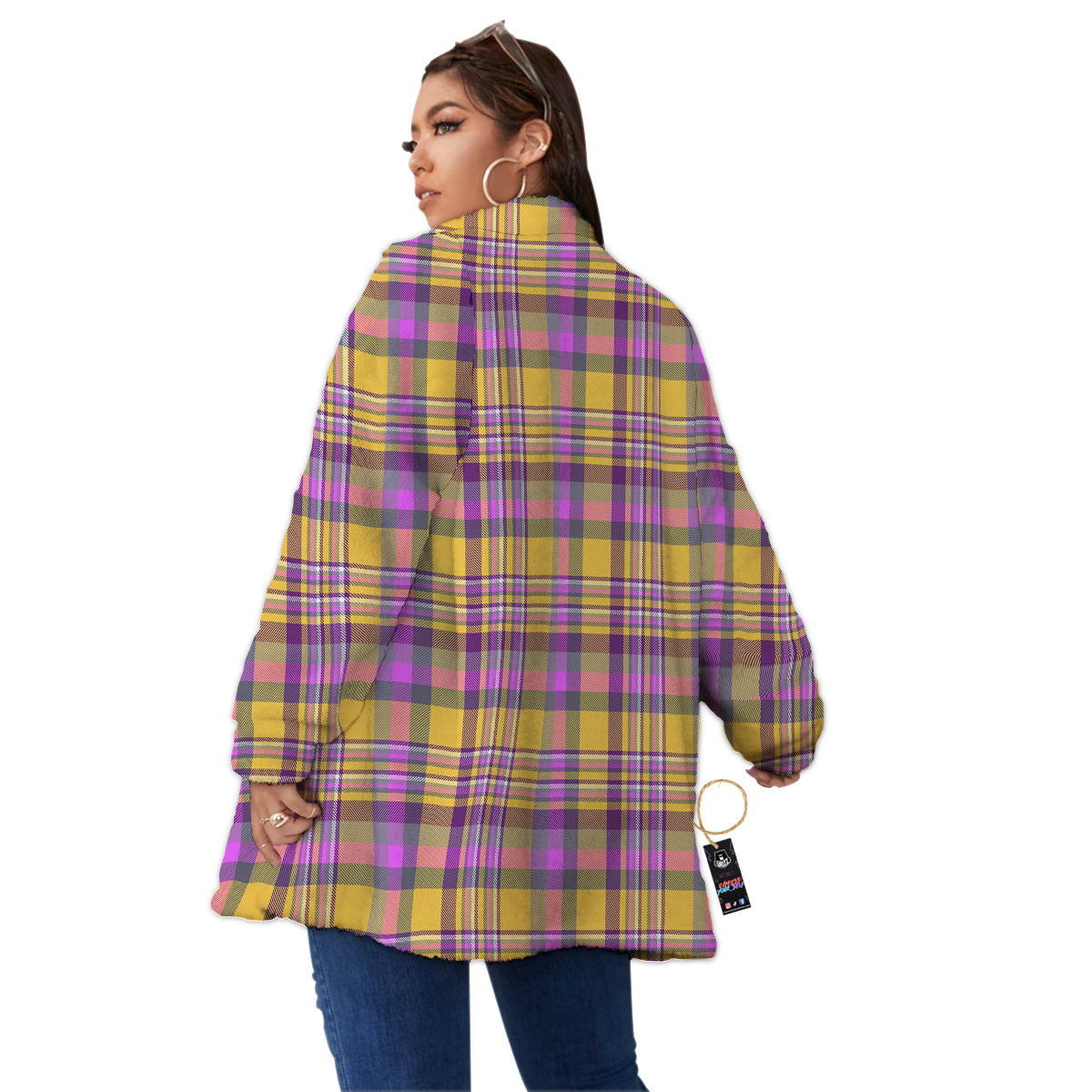 Madras Plaid Orange And Purple Print Pattern Women's Sherpa Jacket-grizzshop