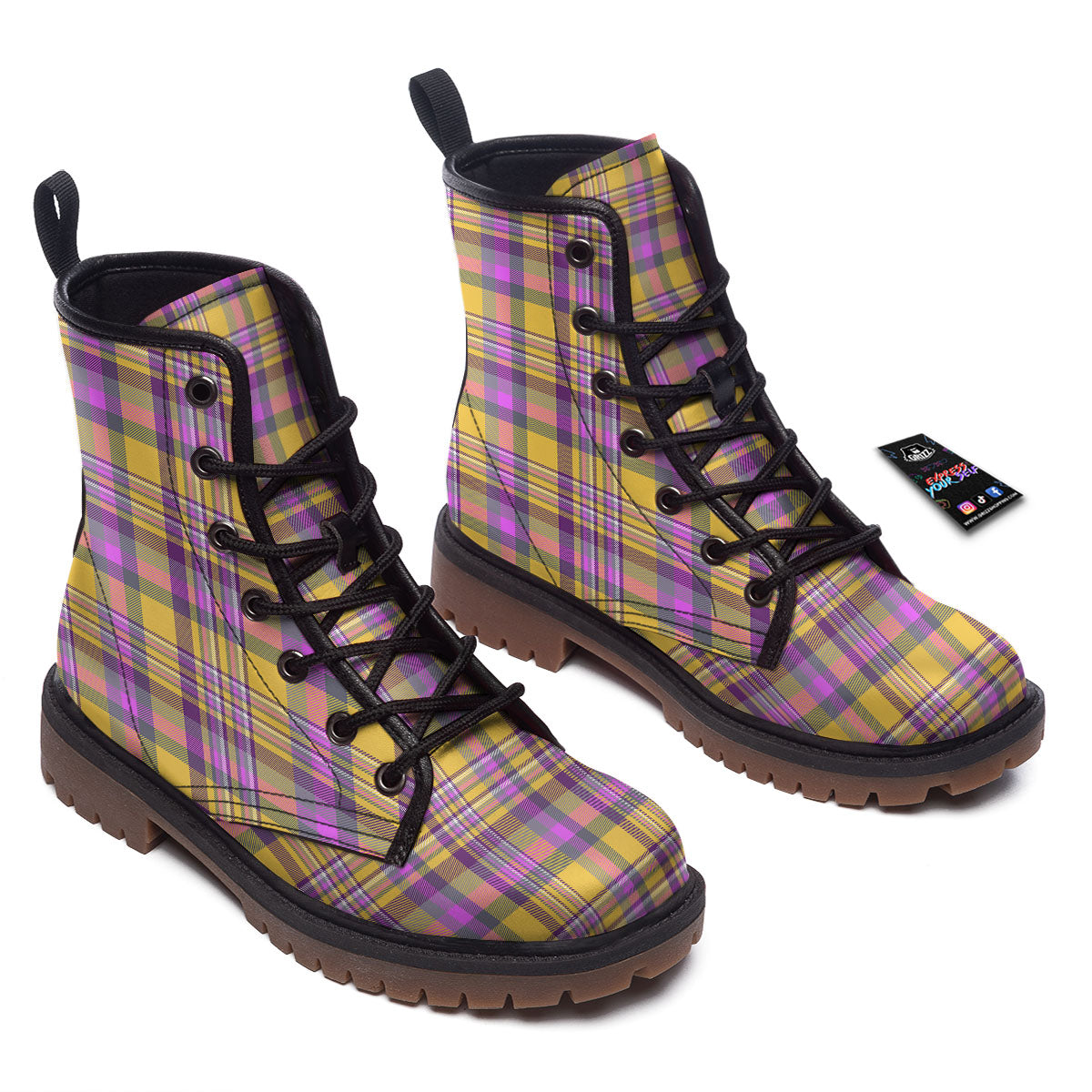 Madras Plaid Orange And Purple Print Pattern Work Boots-grizzshop