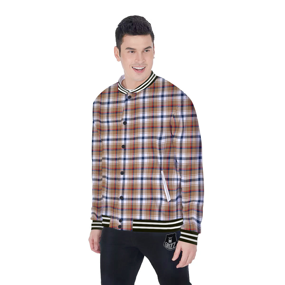 Madras Plaid Red Blue And Beige Print Baseball Jacket-grizzshop