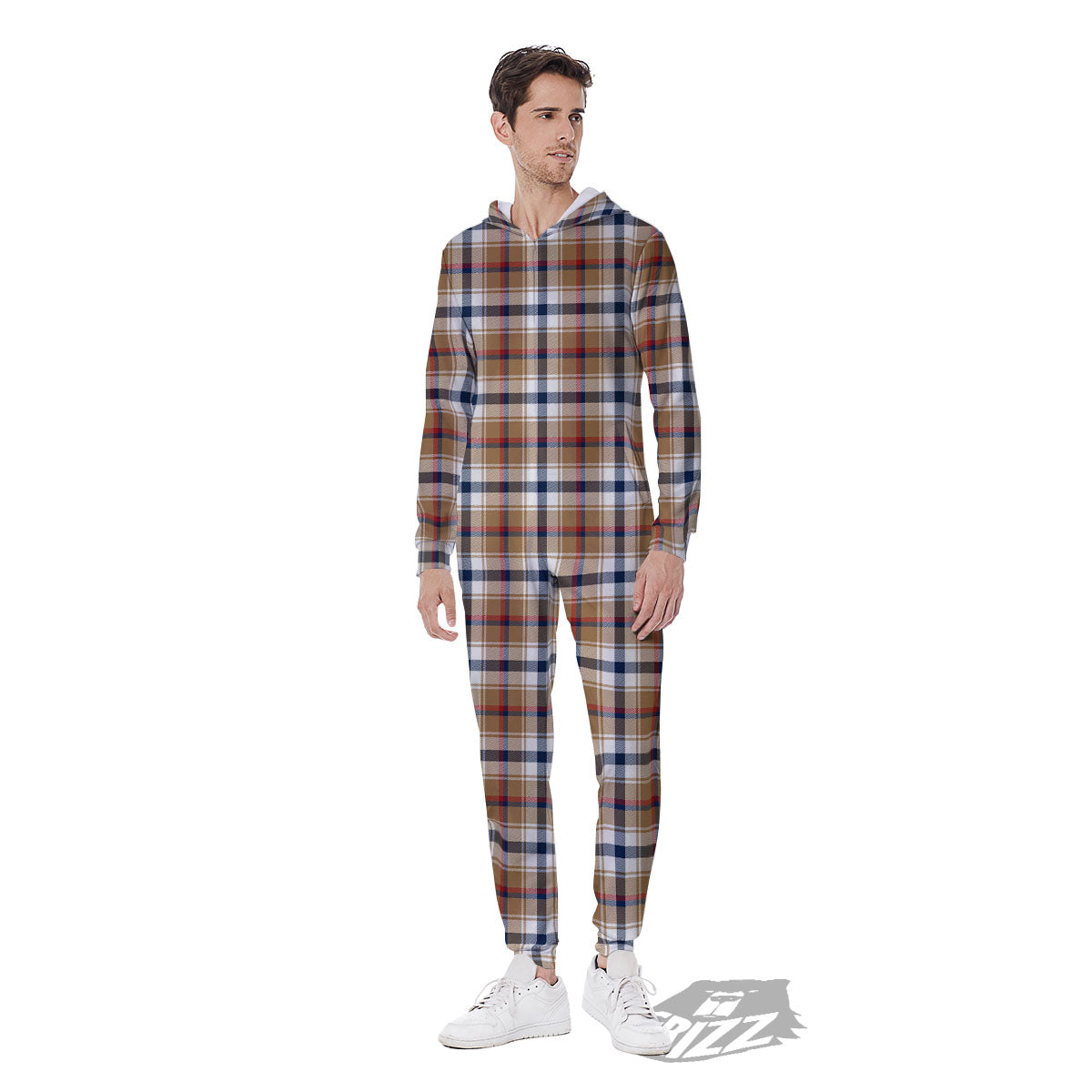 Madras Plaid Red Blue And Beige Print Men's Jumpsuit-grizzshop
