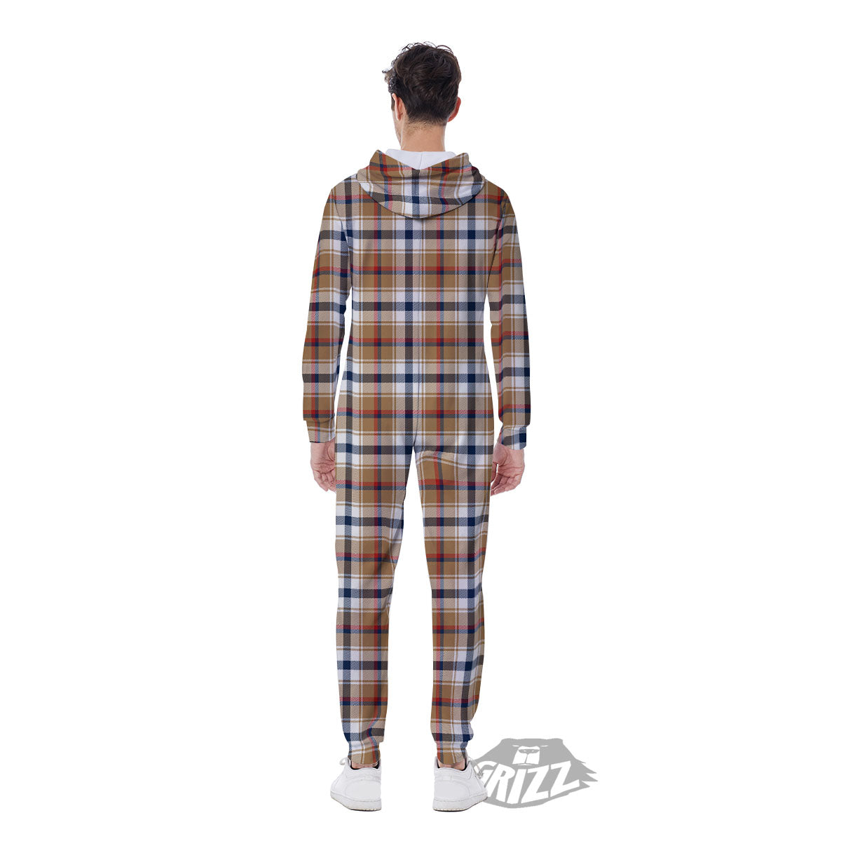 Madras Plaid Red Blue And Beige Print Men's Jumpsuit-grizzshop
