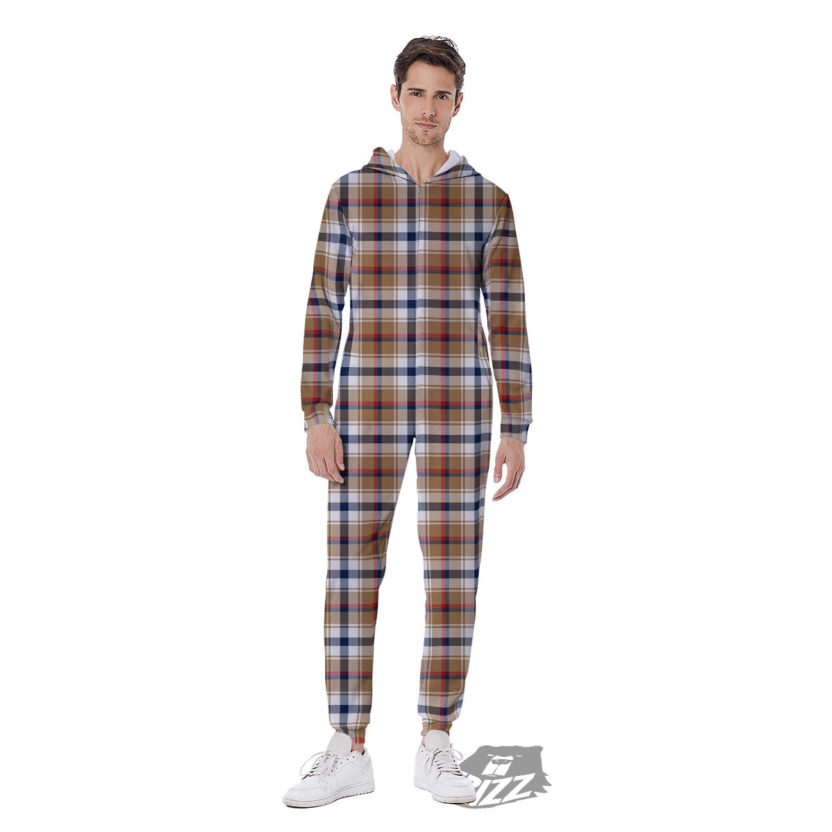 Madras Plaid Red Blue And Beige Print Men's Jumpsuit-grizzshop