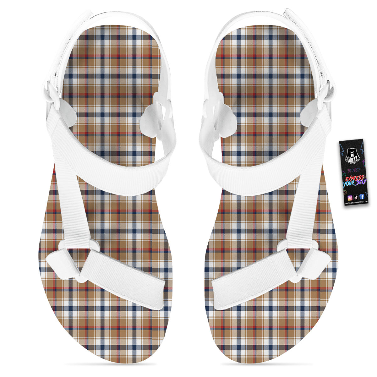 Madras Plaid Red Blue And Beige Print White Open Toe Sandals-grizzshop