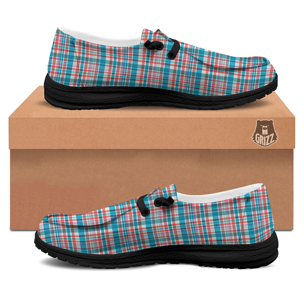Madras Red And Blue Print Pattern Black Loafers-grizzshop