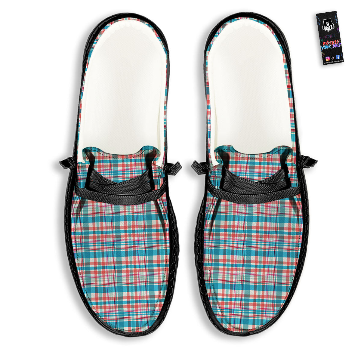 Madras Red And Blue Print Pattern Black Loafers-grizzshop