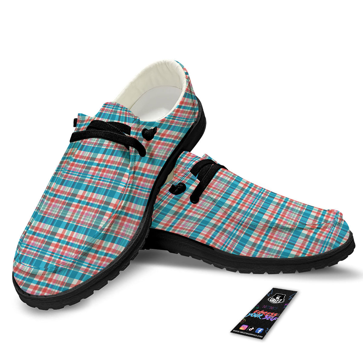 Madras Red And Blue Print Pattern Black Loafers-grizzshop