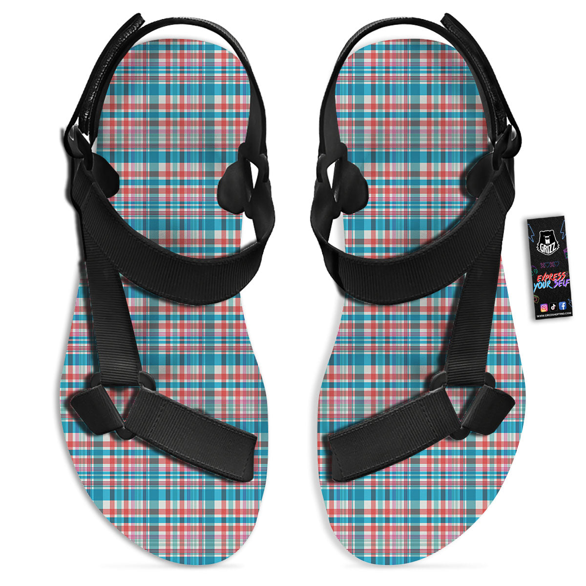 Madras Red And Blue Print Pattern Black Open Toe Sandals-grizzshop