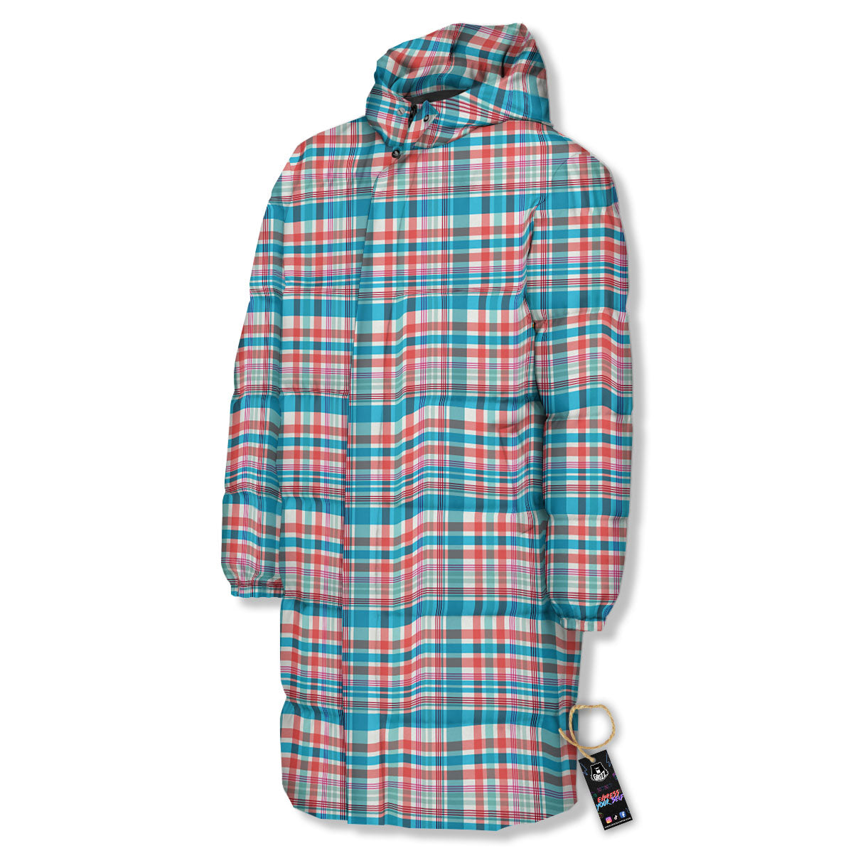 Madras Red And Blue Print Pattern Long Down Jacket-grizzshop