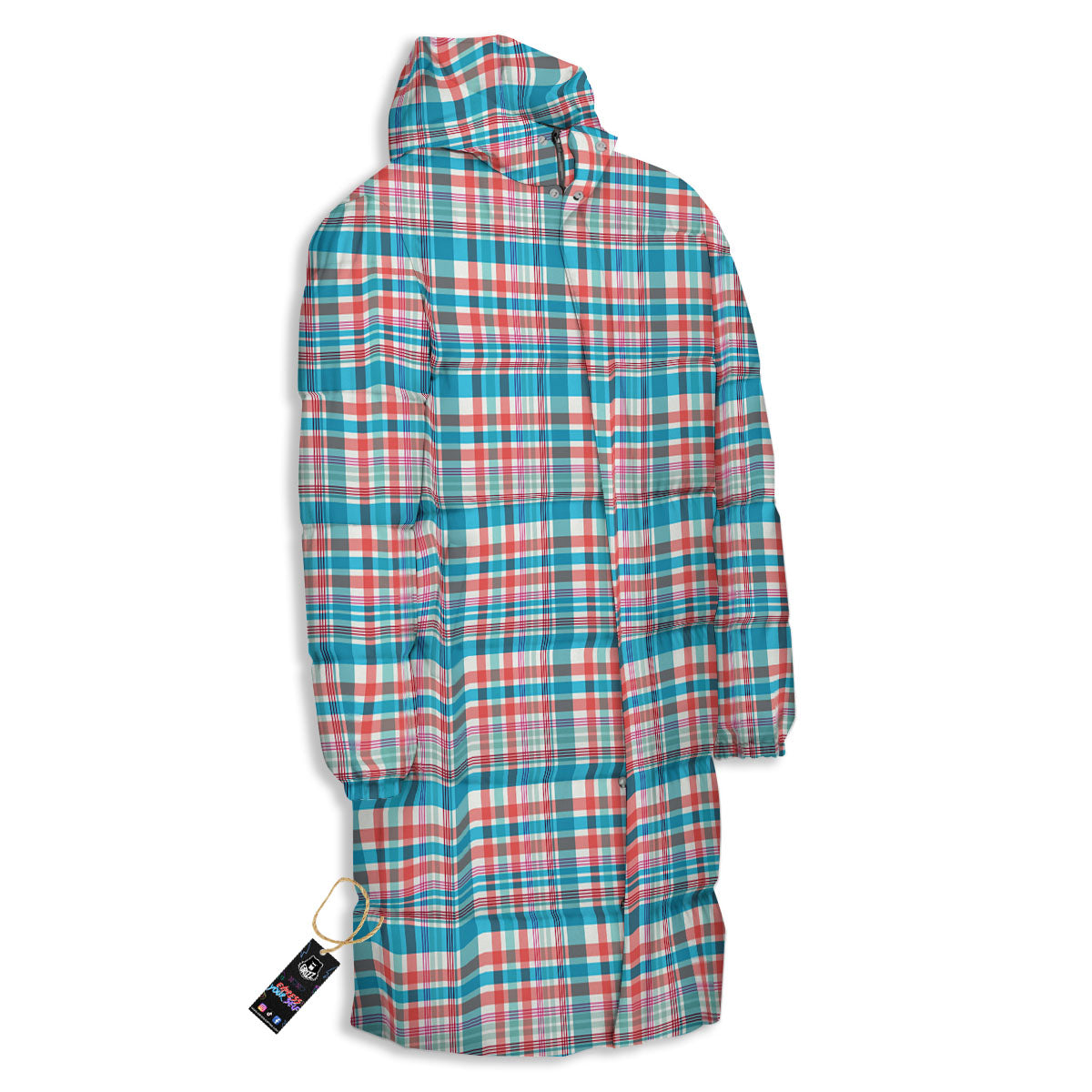 Madras Red And Blue Print Pattern Long Down Jacket-grizzshop