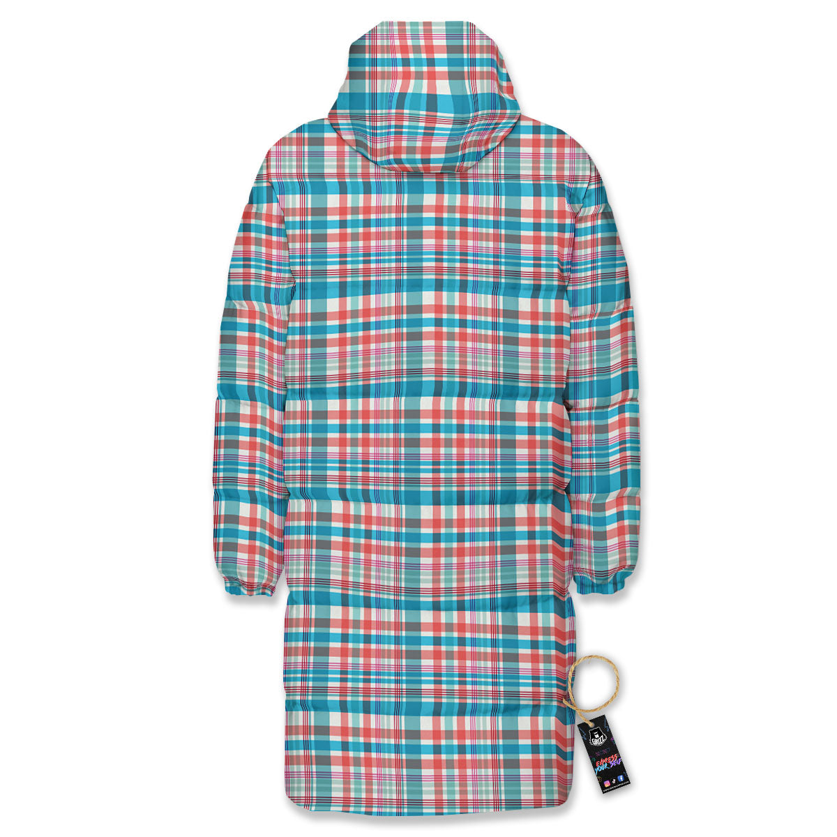 Madras Red And Blue Print Pattern Long Down Jacket-grizzshop