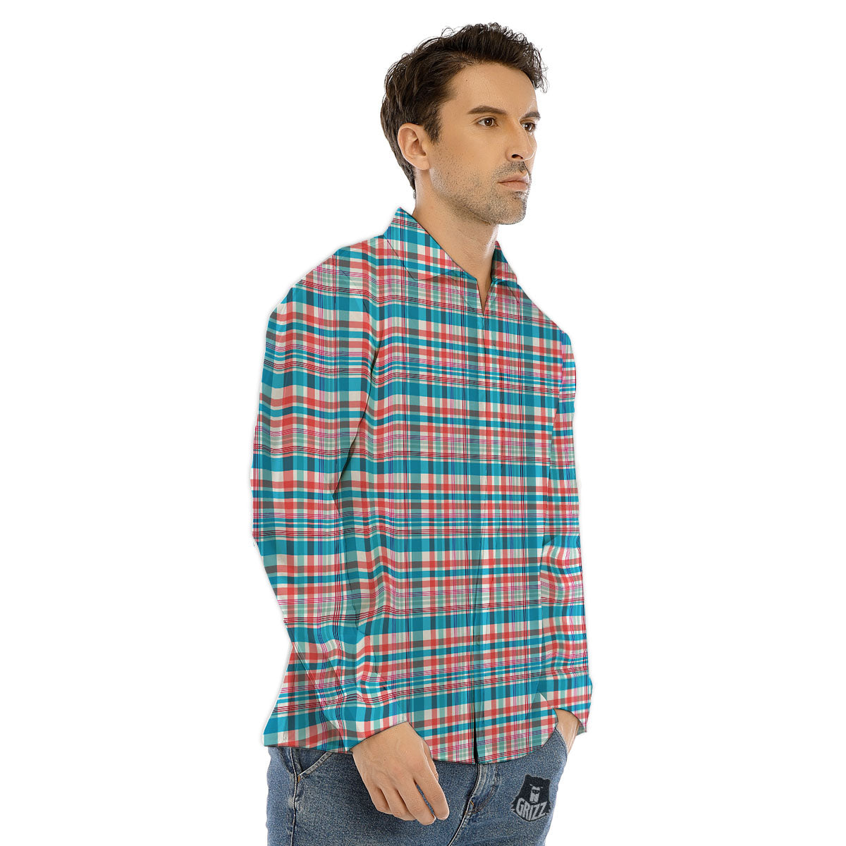 Madras Red And Blue Print Pattern Men's Dress Shirts-grizzshop