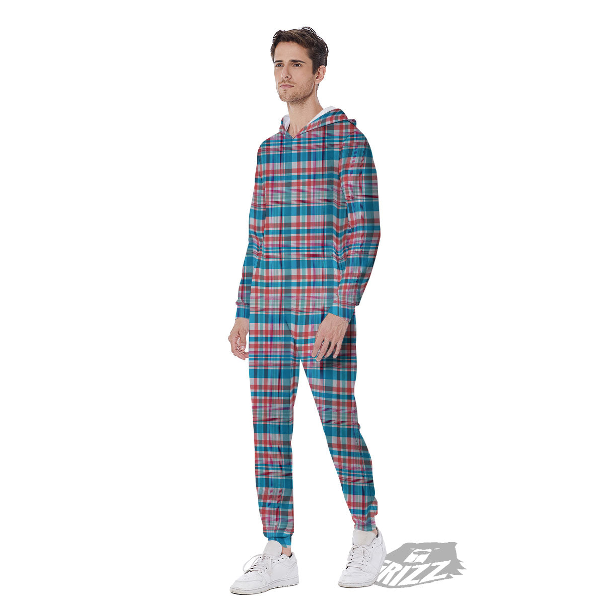 Madras Red And Blue Print Pattern Men's Jumpsuit-grizzshop