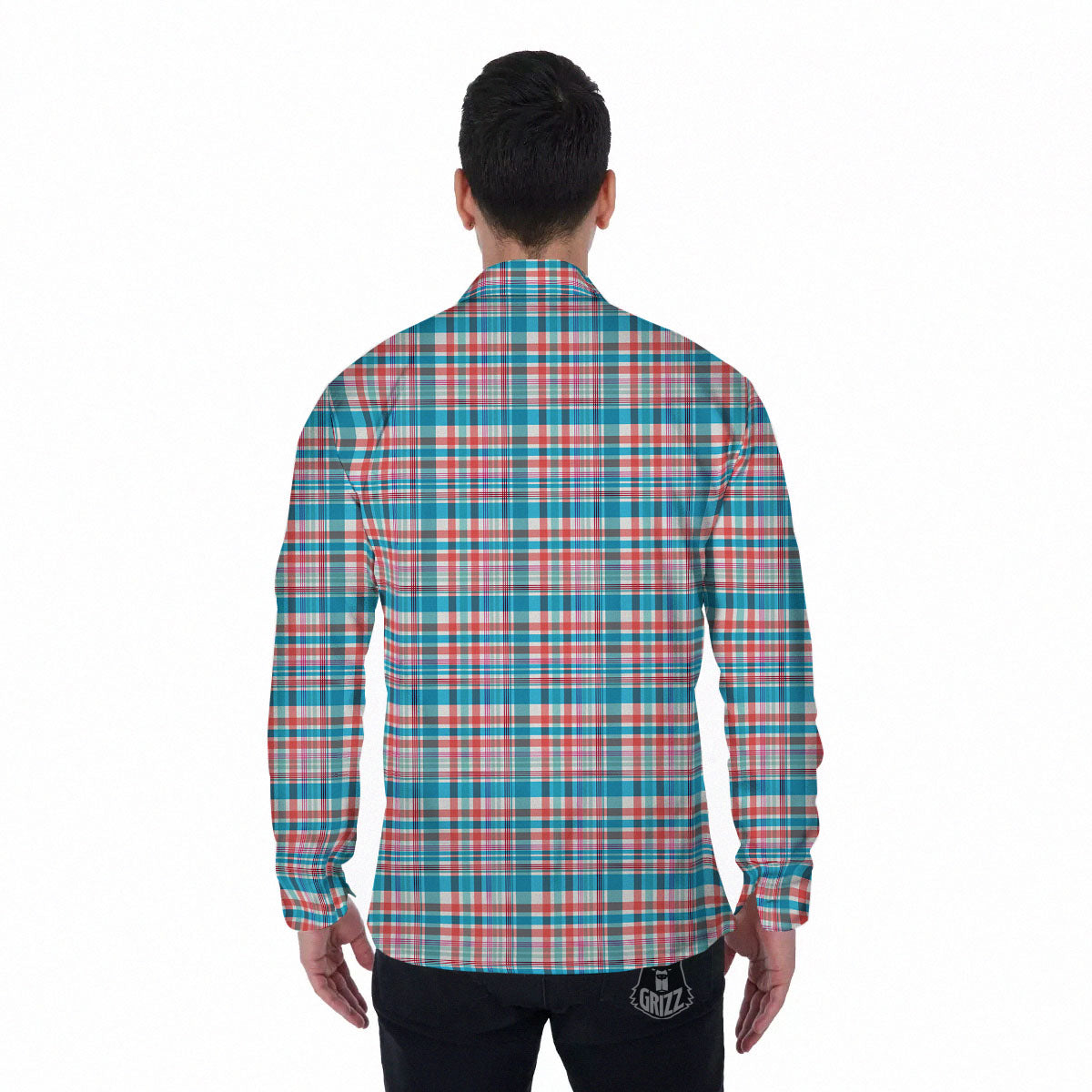 Madras Red And Blue Print Pattern Men's Long Sleeve Shirts-grizzshop