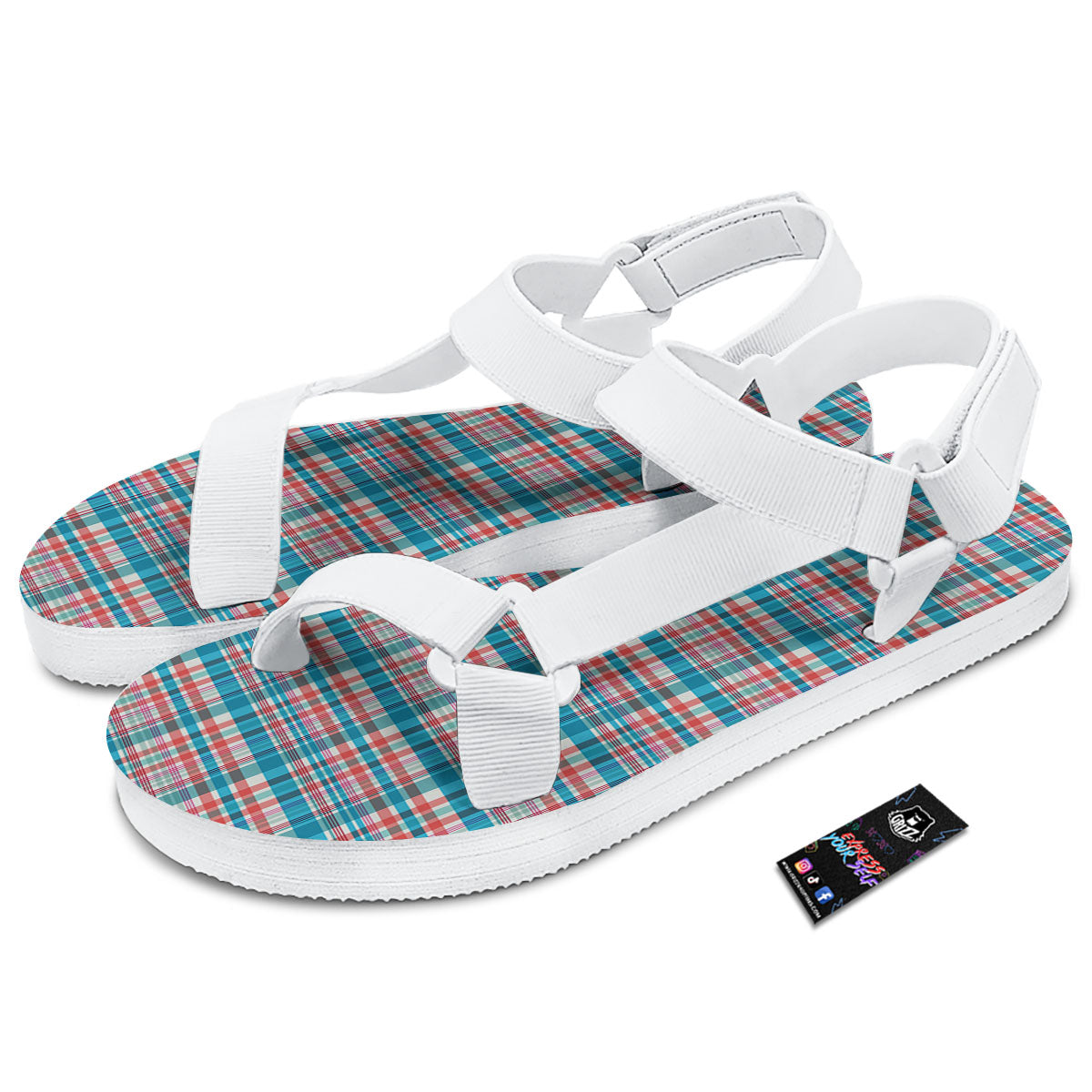 Madras Red And Blue Print Pattern White Open Toe Sandals-grizzshop