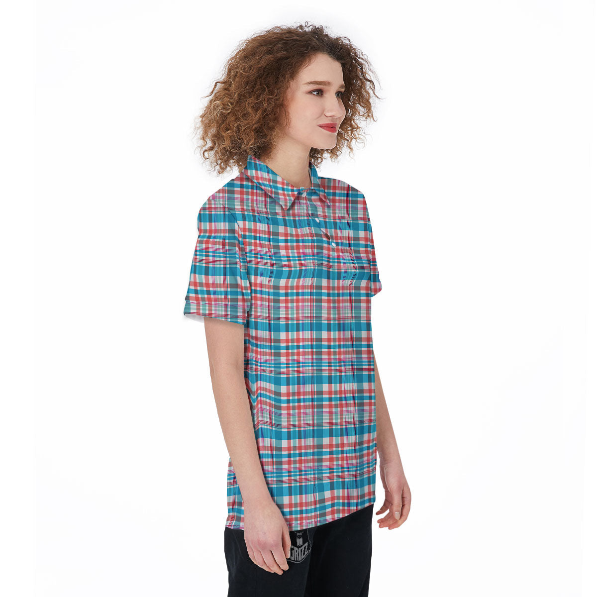 Madras Red And Blue Print Pattern Women's Golf Shirts-grizzshop