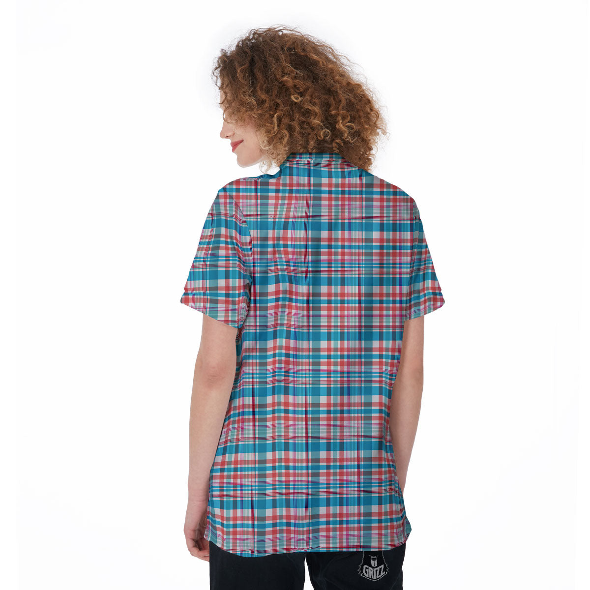Madras Red And Blue Print Pattern Women's Golf Shirts-grizzshop