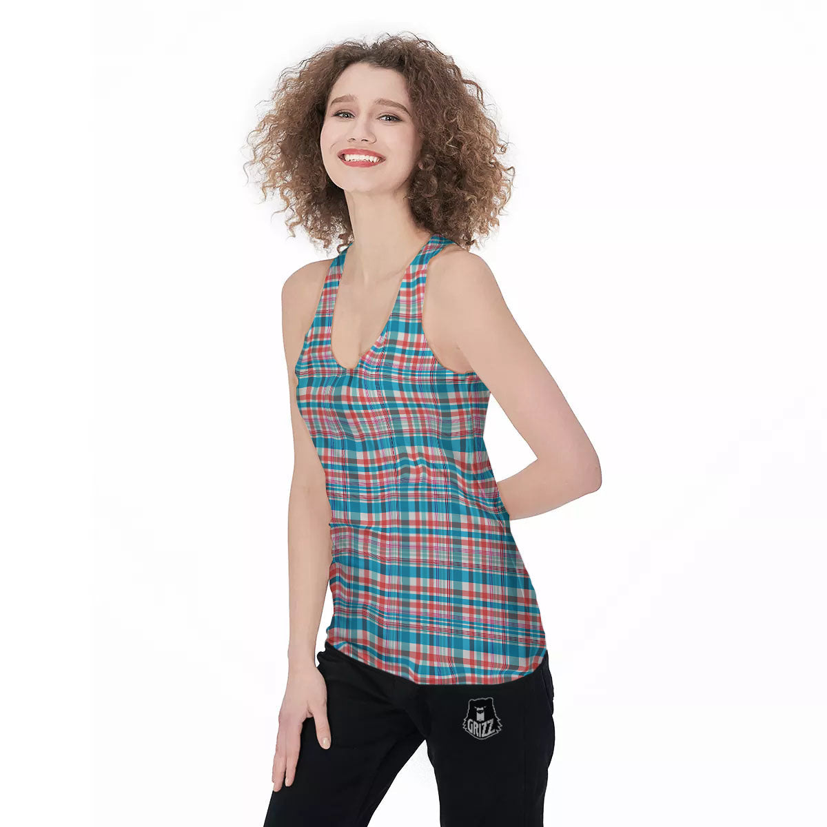 Madras Red And Blue Print Pattern Women's Racerback Tank Top-grizzshop