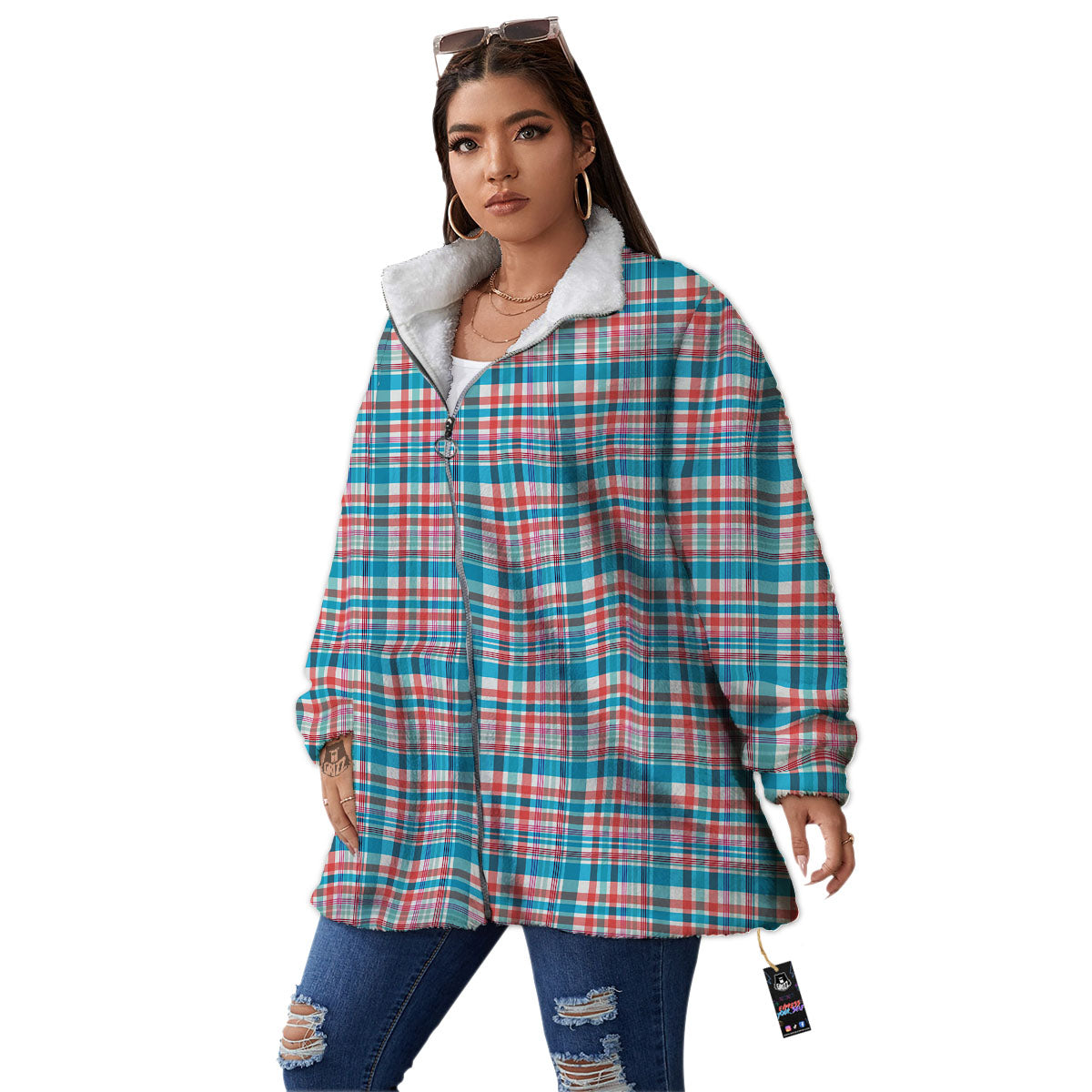 Madras Red And Blue Print Pattern Women's Sherpa Jacket-grizzshop