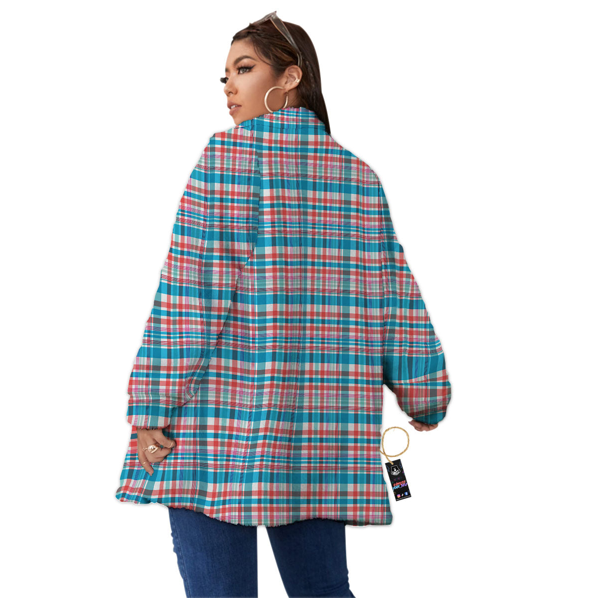 Madras Red And Blue Print Pattern Women's Sherpa Jacket-grizzshop