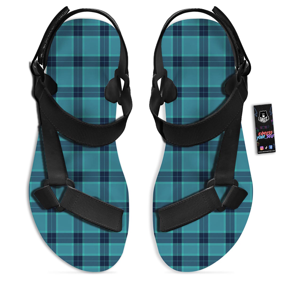 Madras Teal Print Pattern Black Open Toe Sandals-grizzshop