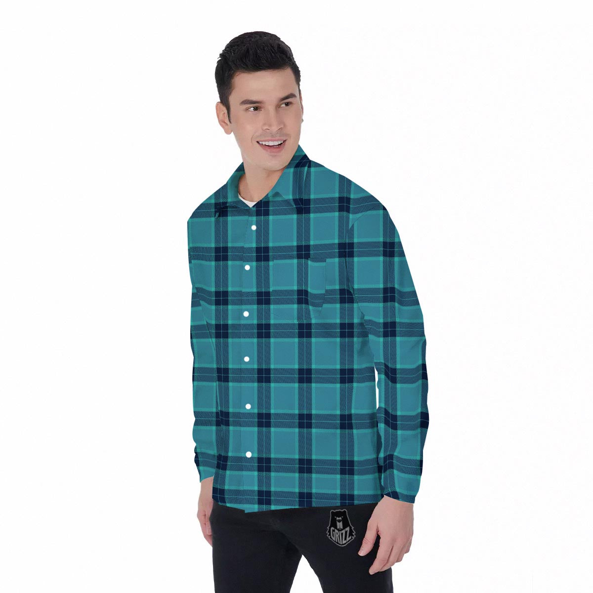 Madras Teal Print Pattern Men's Long Sleeve Shirts-grizzshop
