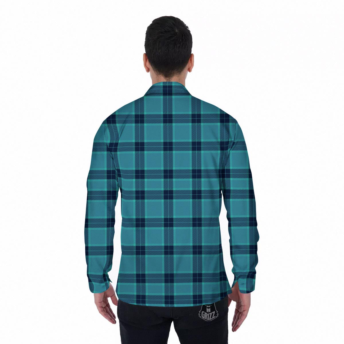 Madras Teal Print Pattern Men's Long Sleeve Shirts-grizzshop