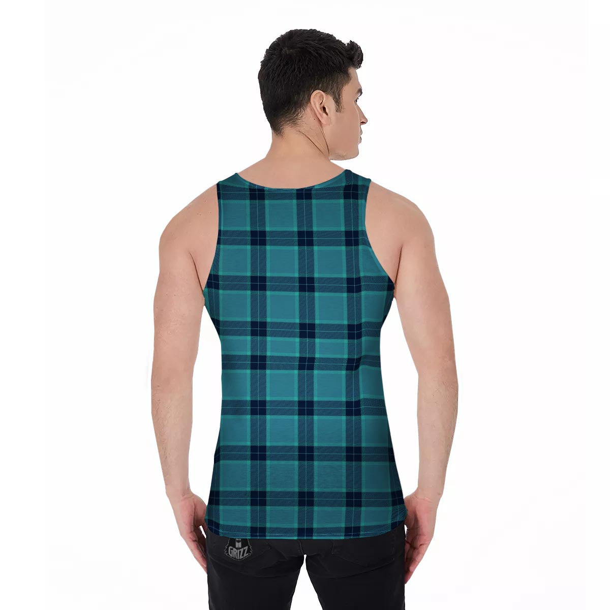 Madras Teal Print Pattern Men's Tank Top-grizzshop
