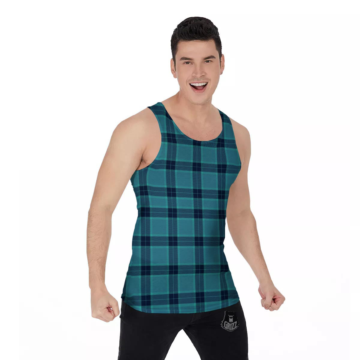 Madras Teal Print Pattern Men's Tank Top-grizzshop