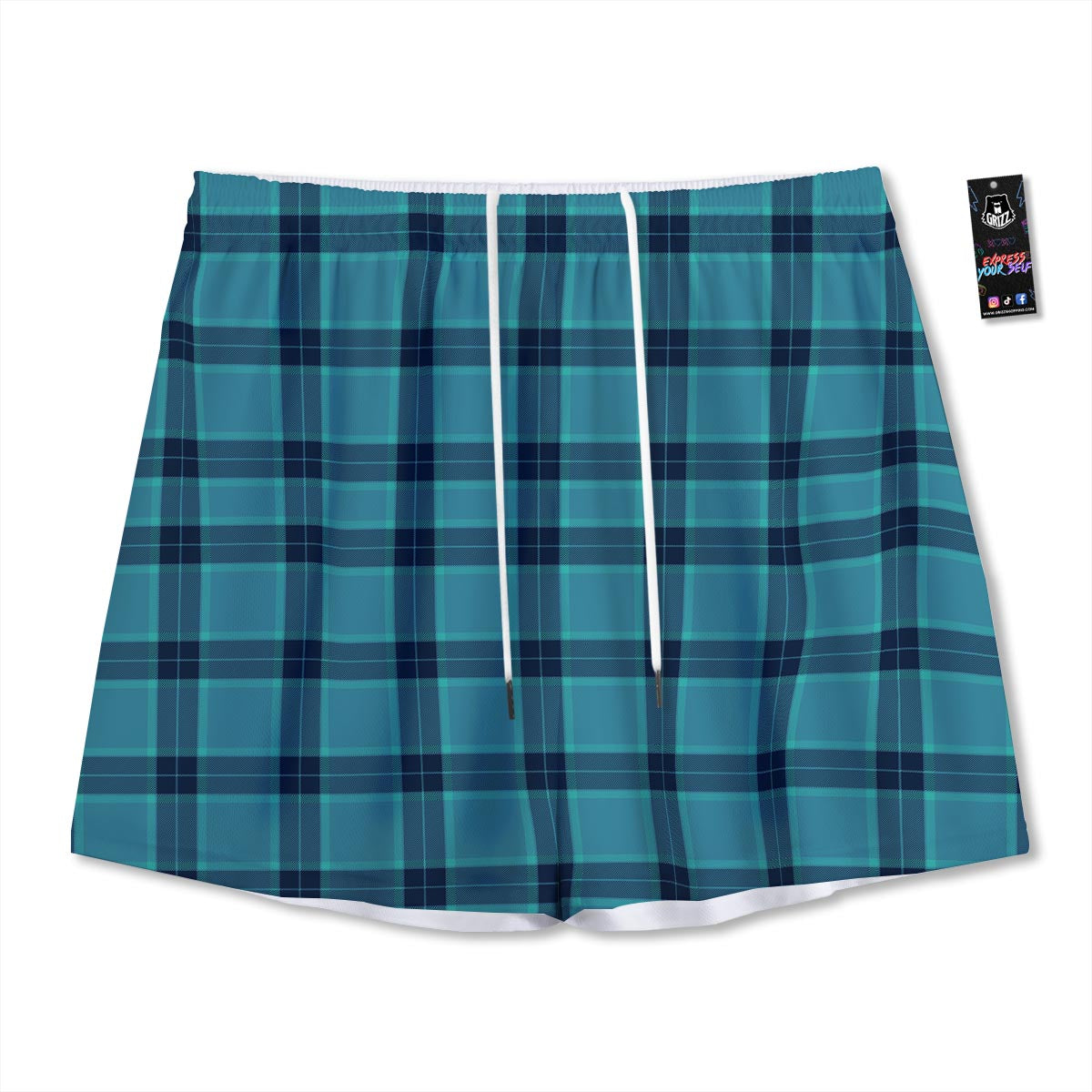 Madras Teal Print Pattern Mesh Shorts-grizzshop