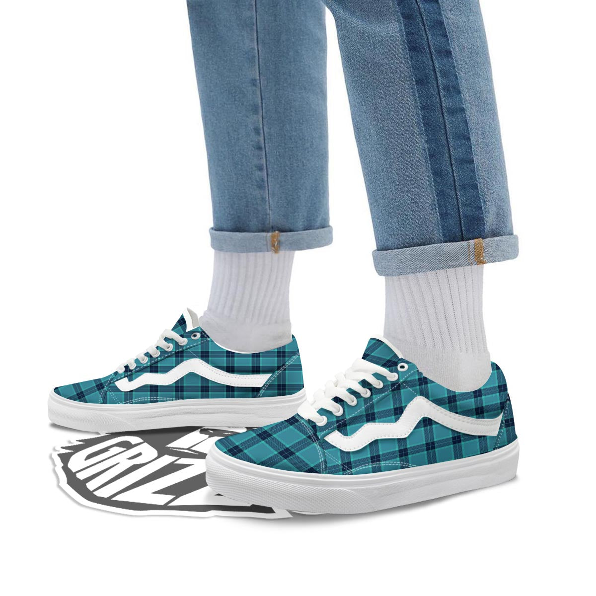 Madras Teal Print Pattern Skate Shoes-grizzshop