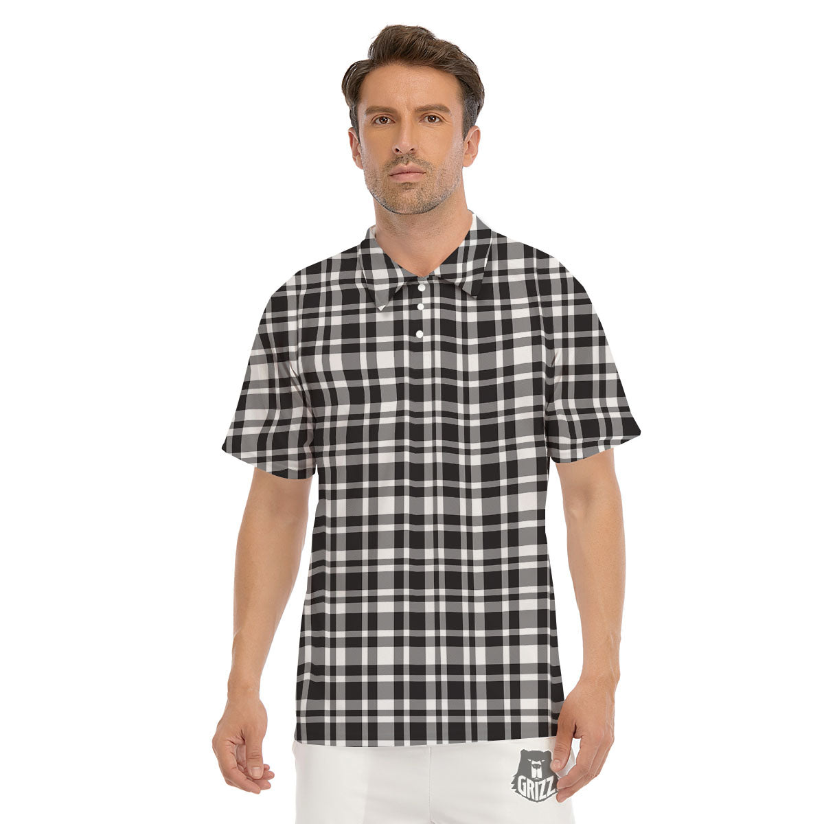Madras White And Black Print Pattern Men's Golf Shirts-grizzshop