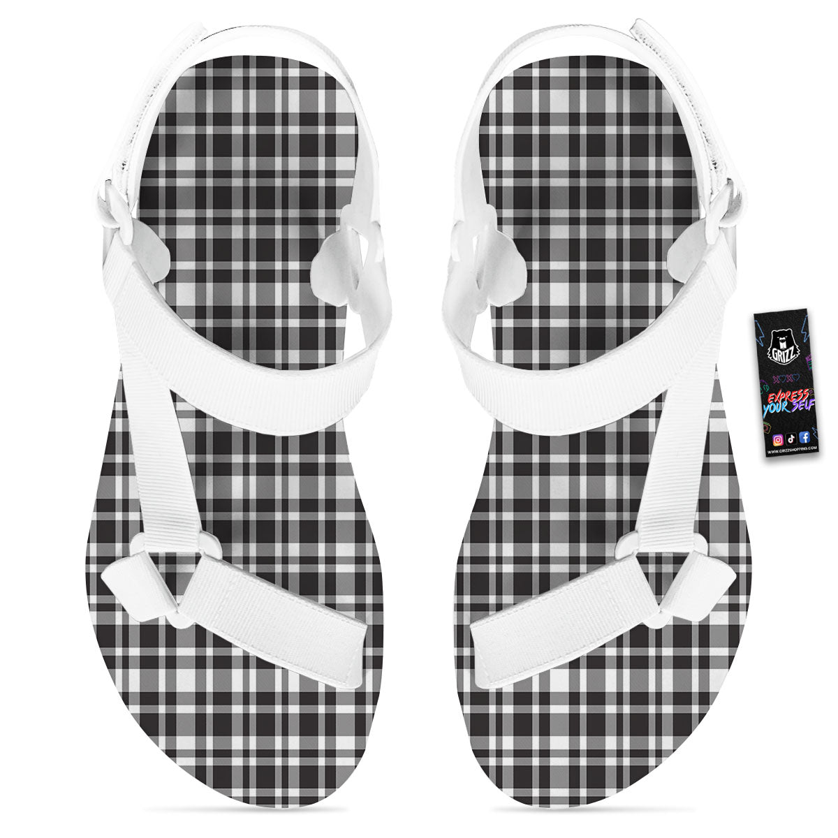 Madras White And Black Print Pattern White Open Toe Sandals-grizzshop