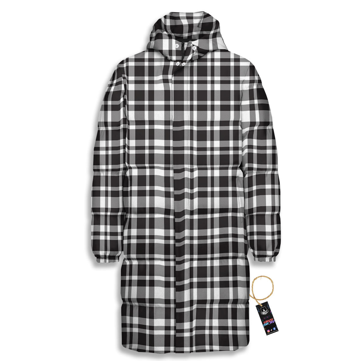 Madras White And Black Print Pattern Long Down Jacket