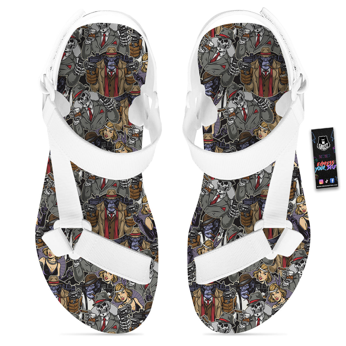 Mafia And Gangsters Print Pattern White Open Toe Sandals-grizzshop