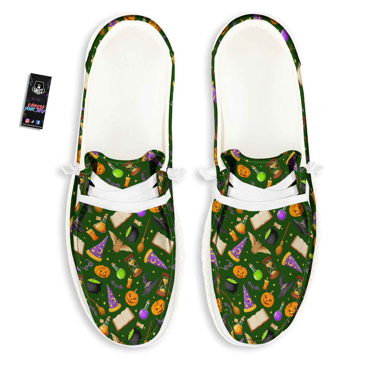 Magical Symbols And Green Print Pattern White Loafers-grizzshop