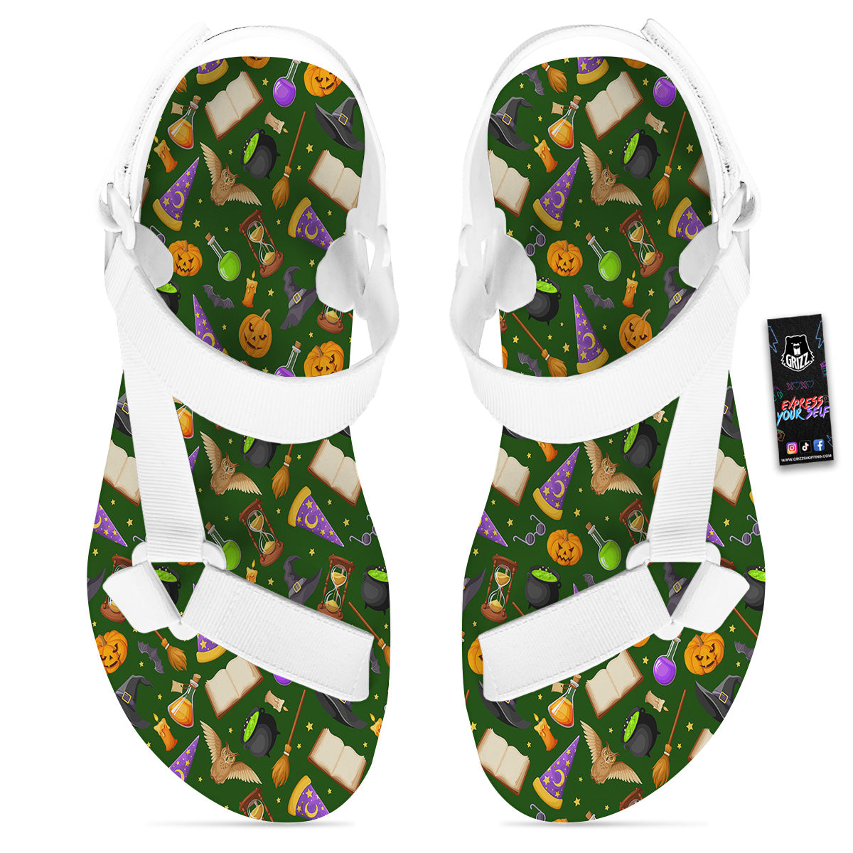 Magical Symbols And Green Print Pattern White Open Toe Sandals-grizzshop