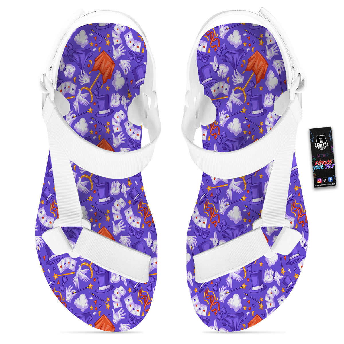 Magician Purple Show Print Pattern White Open Toe Sandals-grizzshop