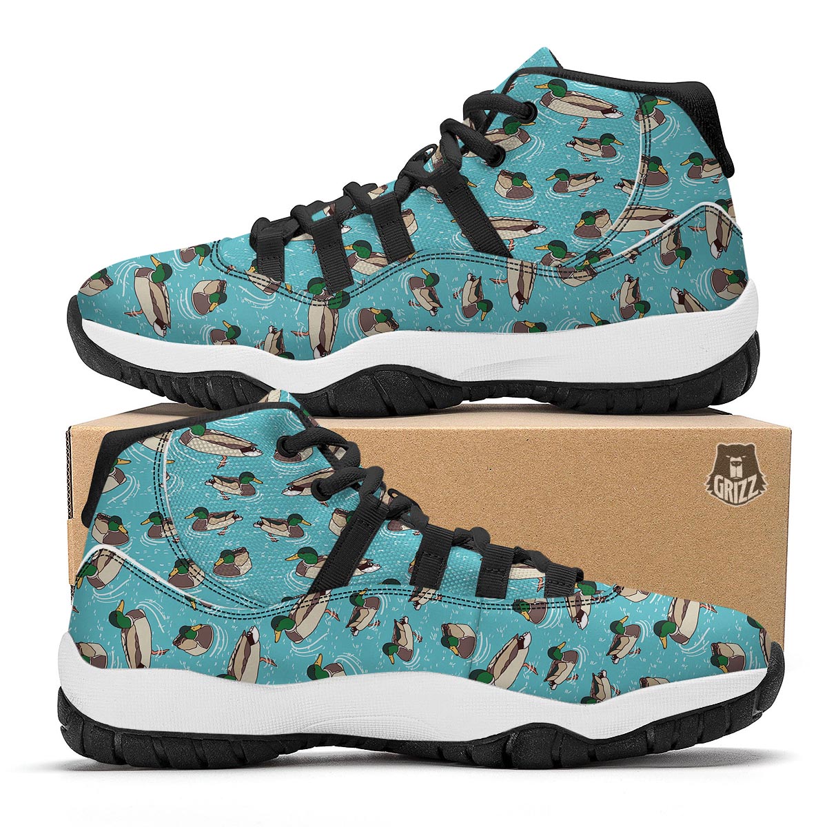 Mallard Duck Pattern Print Black Bball Shoes-grizzshop