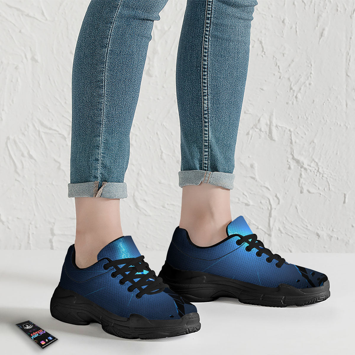 Man And Blue Lightning Print Black Chunky Shoes-grizzshop