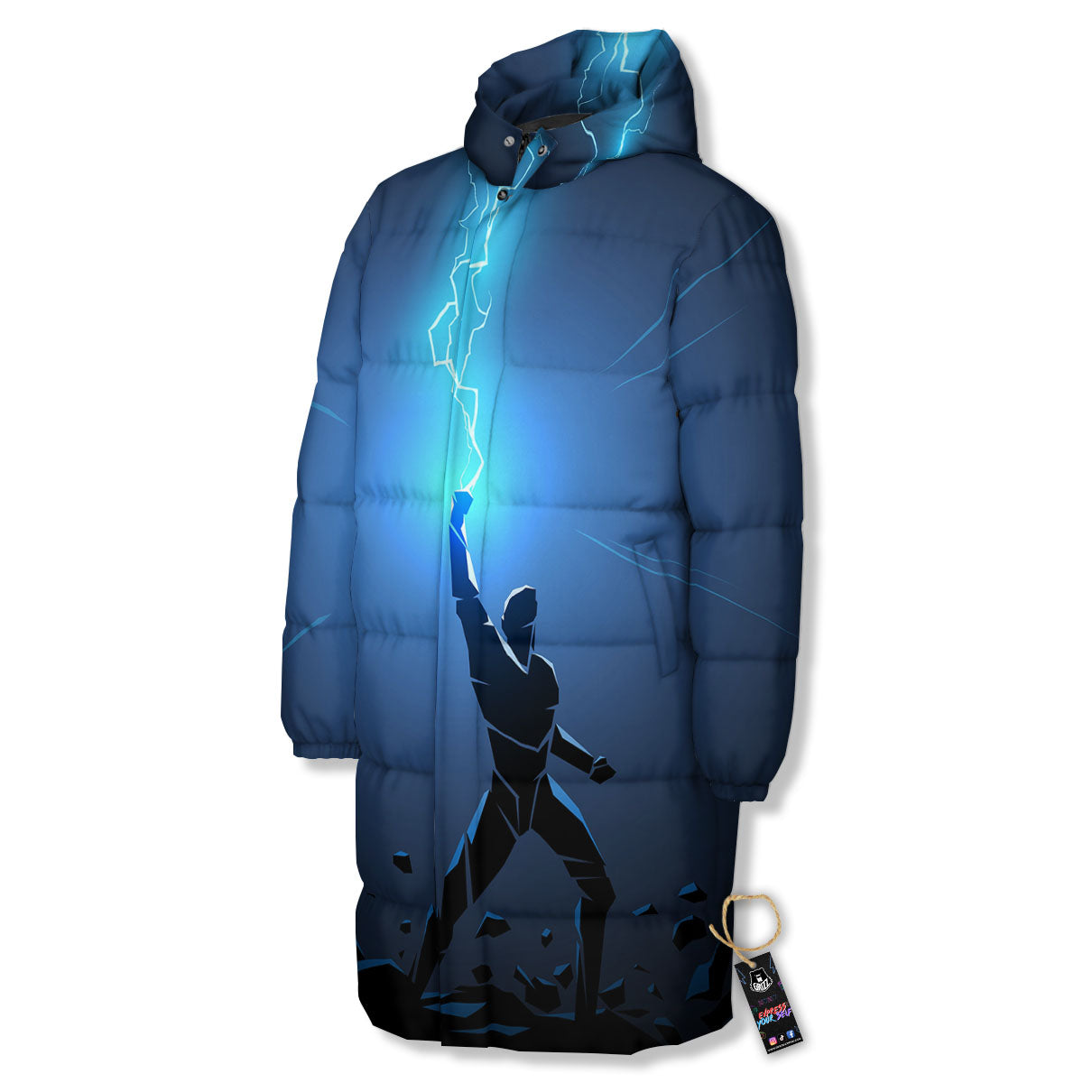 Man And Blue Lightning Print Long Down Jacket-grizzshop