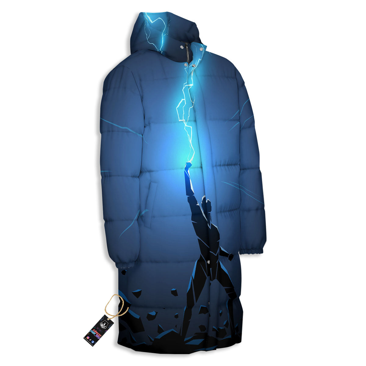 Man And Blue Lightning Print Long Down Jacket-grizzshop